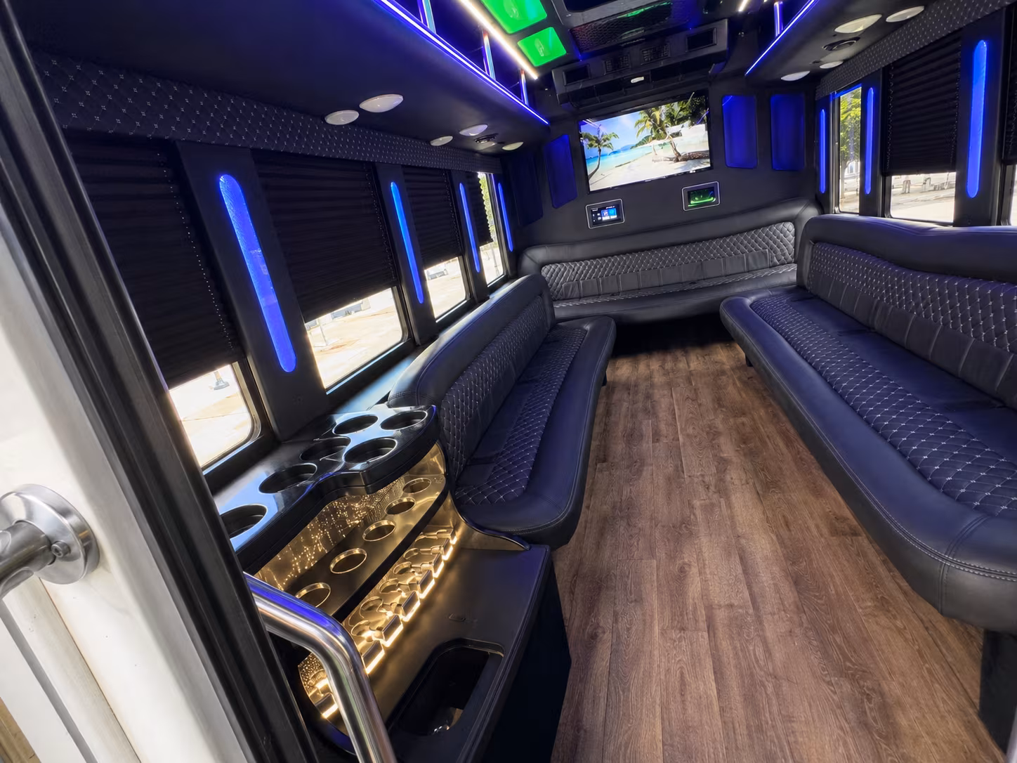 Wedding guests seated inside a party bus serving San Antonio