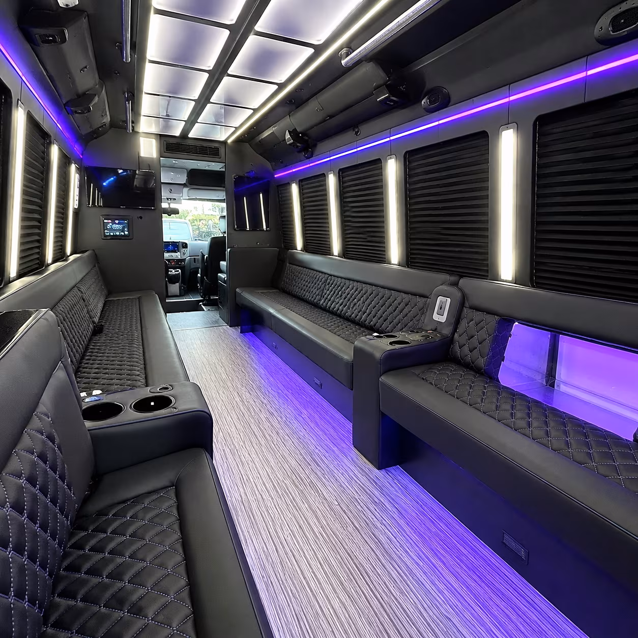 Interior of a party bus rental serving San Antonio
